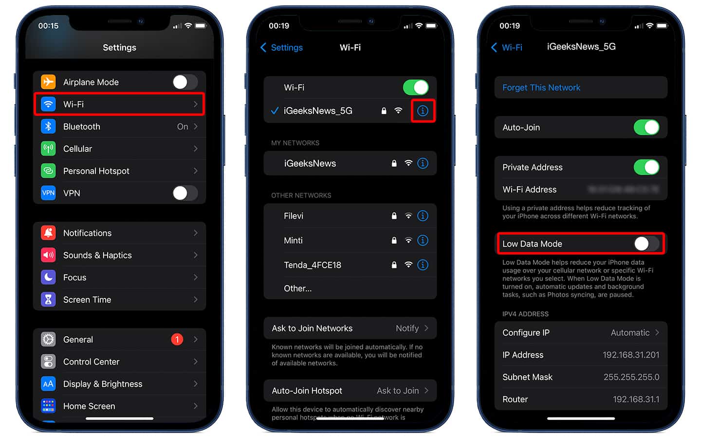 enable wifi low data mode on iphone