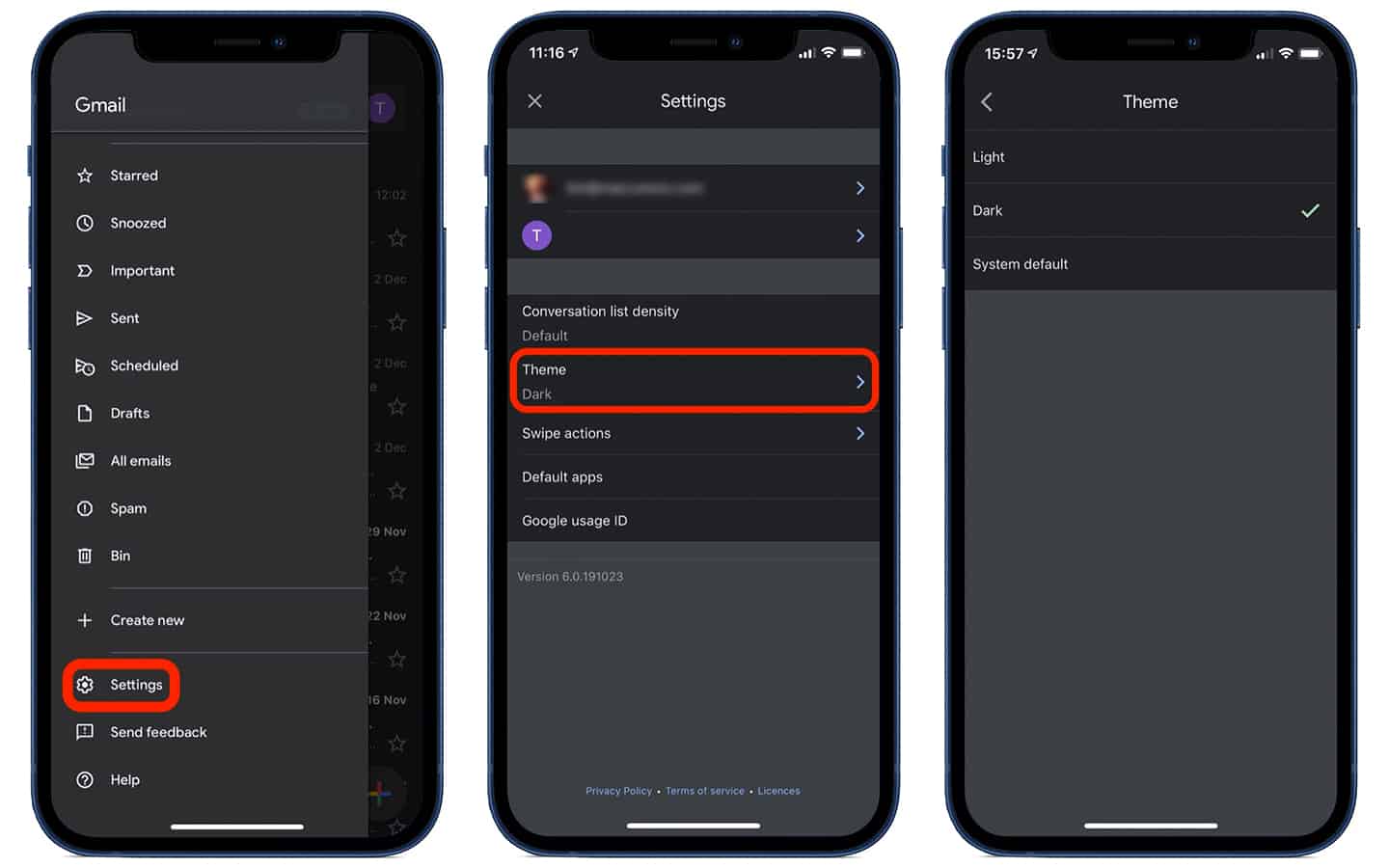 enable gmail dark mode on iphone